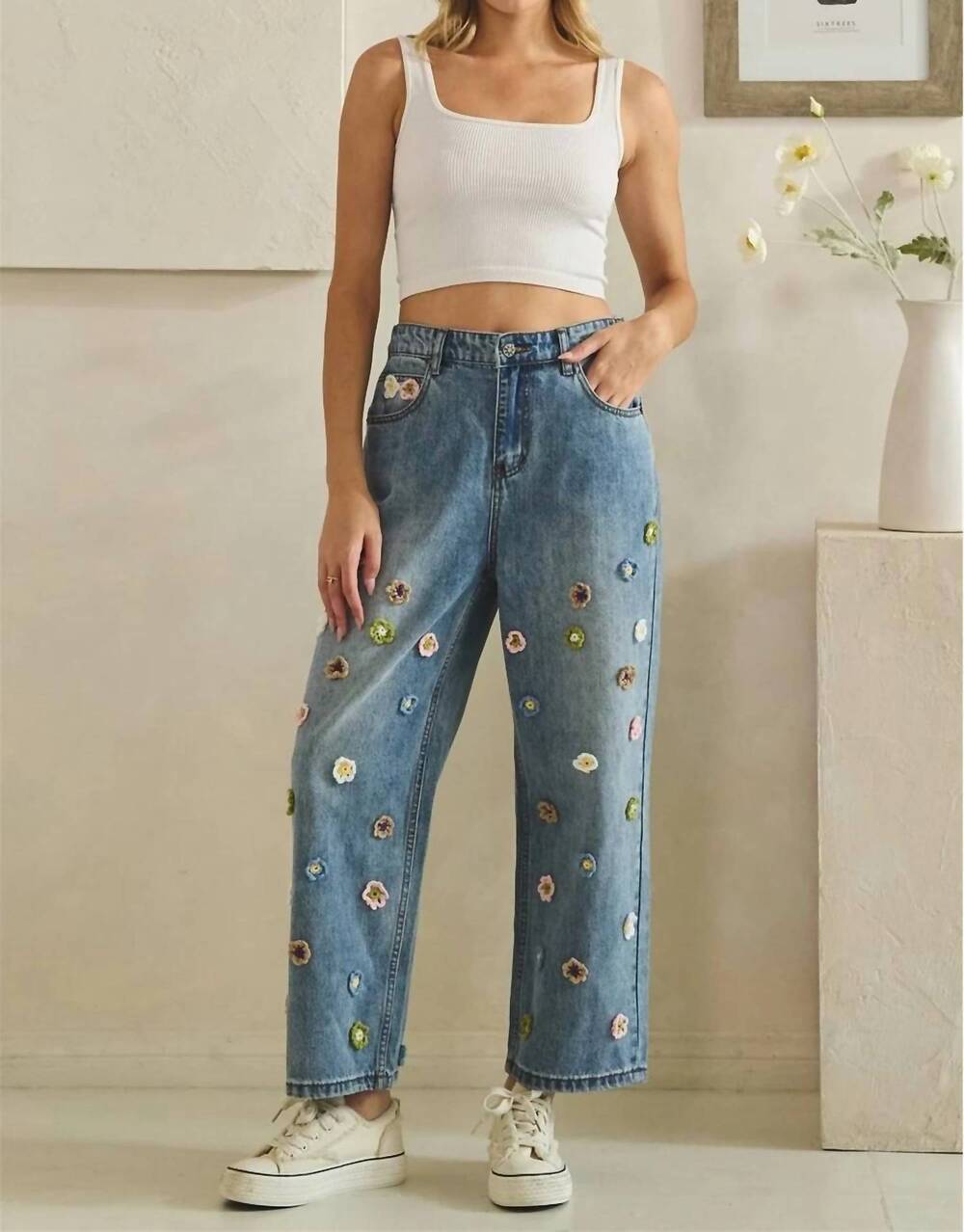NEW OLI & HALI floral 3d crochet denim pants in blue